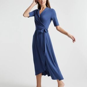 Quince Navy Blue Tencel  Wrap Midi Dress with Tie Waist NWT